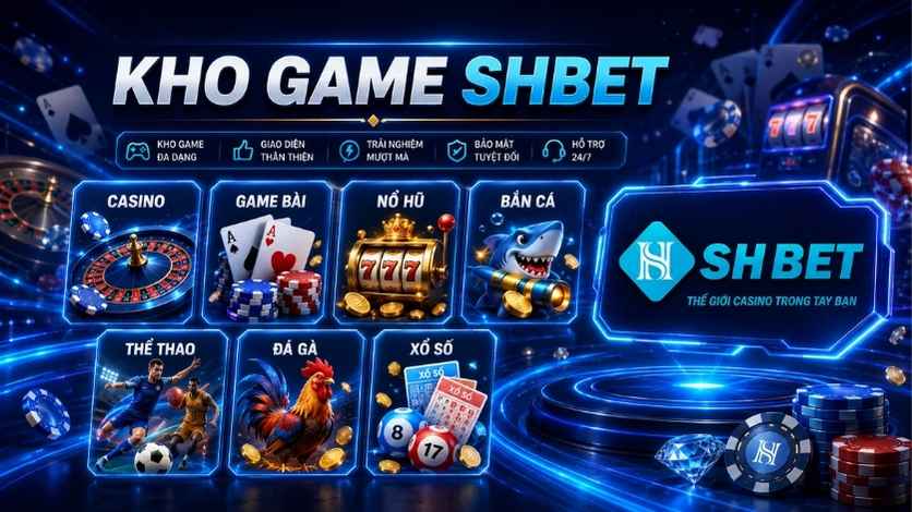 Kho game SHBET gồm casino game bài nổ hũ bắn cá thể thao đá gà và xổ số